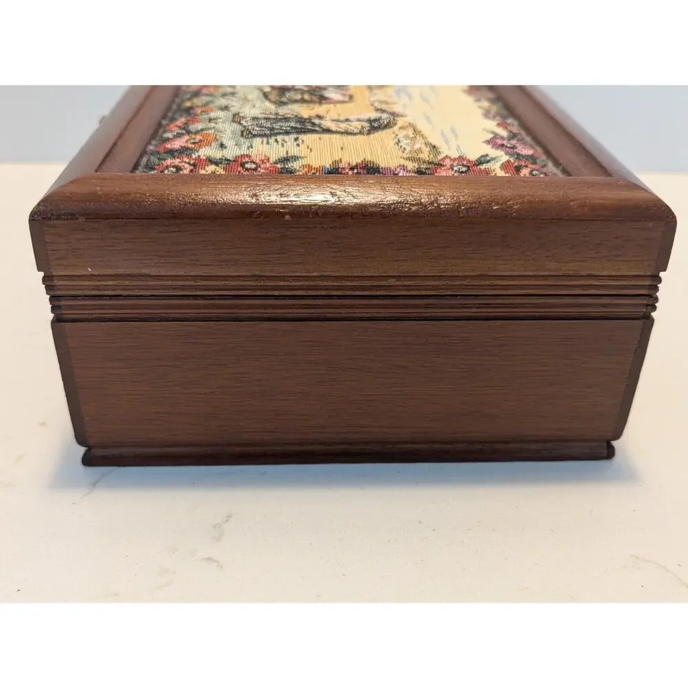Vtg Wooden Jewelry Box Needlepoint Tapestry Florals African Ethnicity